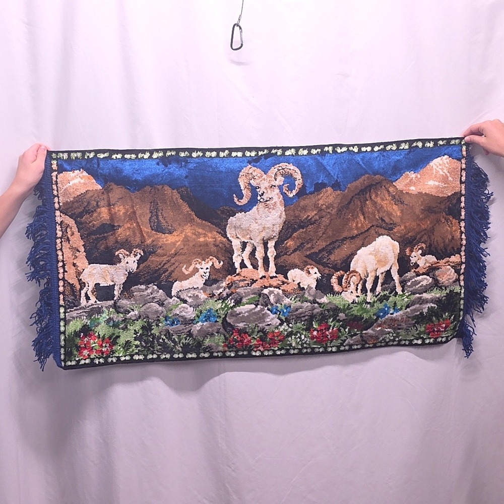 Vintage Ram Tapestry Blue Bighorn Sheep Mountain Velvet Fringed Wall Hanging